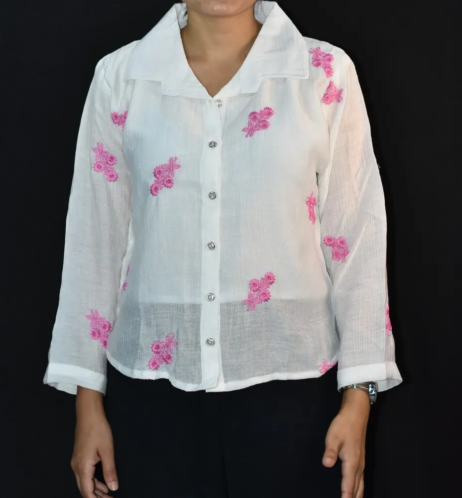 White with Pink Floral Embroidery NYVAZ Women's White Floral Embroidered Cotton Shirt – Pink Blossom Edition
