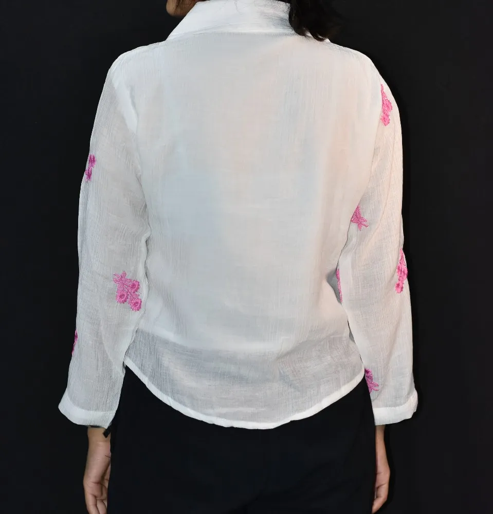 White with Pink Floral Embroidery NYVAZ Women's White Floral Embroidered Cotton Shirt – Pink Blossom Edition
