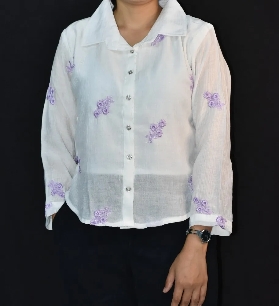 White with Lavender Floral Embroidery NYVAZ Women's White Floral Embroidered Cotton Shirt – Lavender Blossom Edition