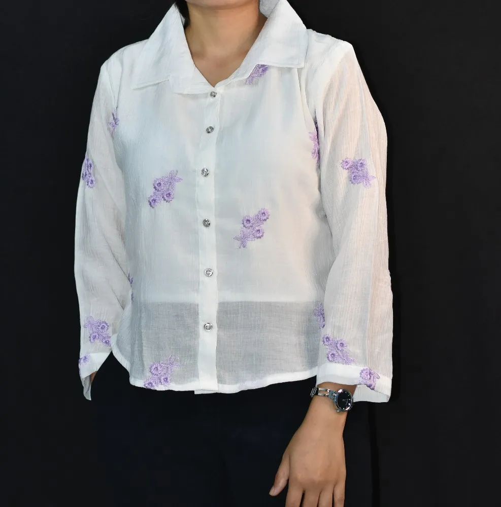 White with Lavender Floral Embroidery NYVAZ Women's White Floral Embroidered Cotton Shirt – Lavender Blossom Edition