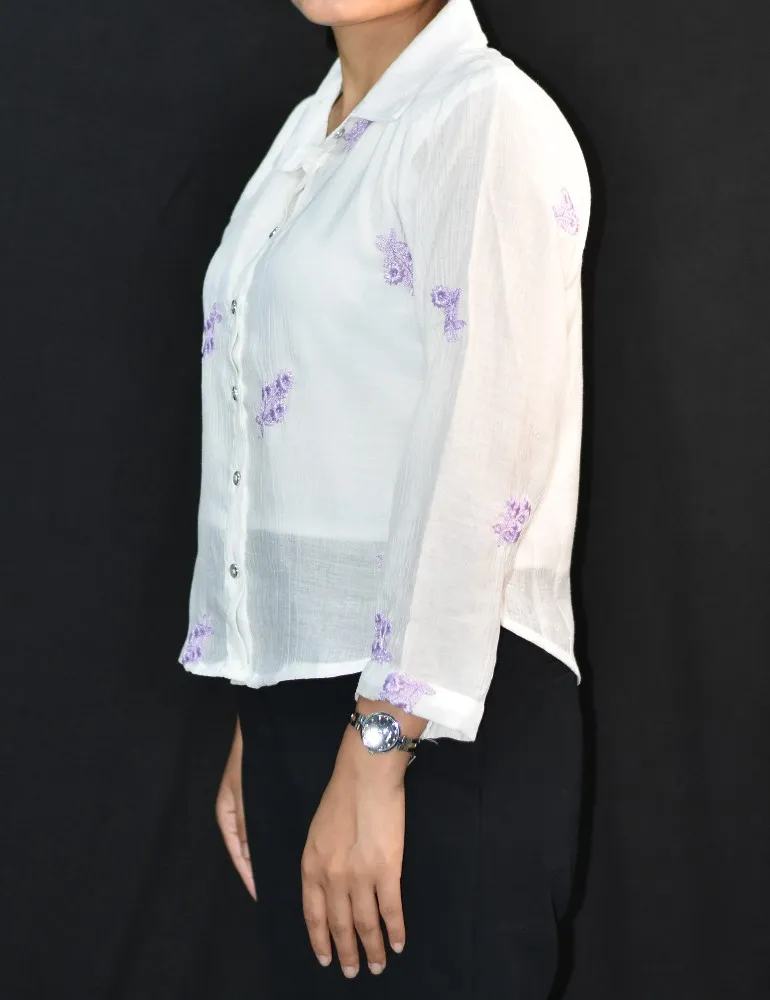 White with Lavender Floral Embroidery NYVAZ Women's White Floral Embroidered Cotton Shirt – Lavender Blossom Edition