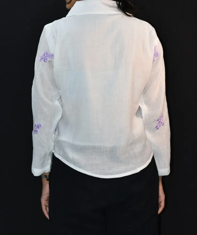 White with Lavender Floral Embroidery NYVAZ Women's White Floral Embroidered Cotton Shirt – Lavender Blossom Edition