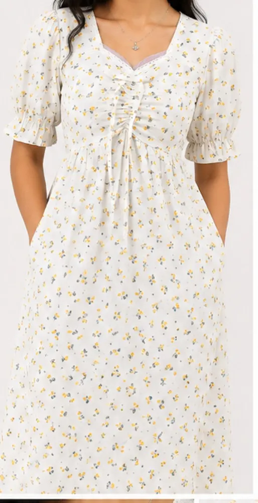White with Yellow Floral Print NYVAZ Women's White Floral Puff Sleeve Midi Dress