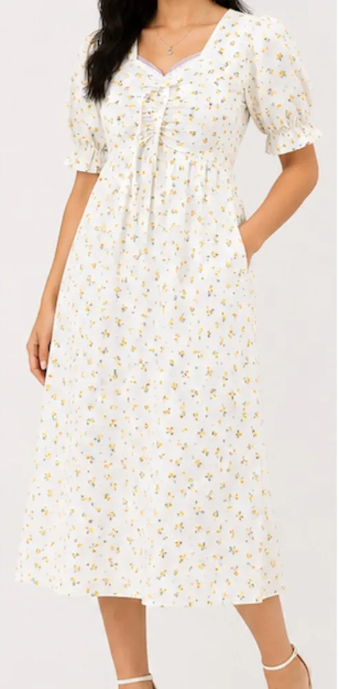 White with Yellow Floral Print NYVAZ Women's White Floral Puff Sleeve Midi Dress