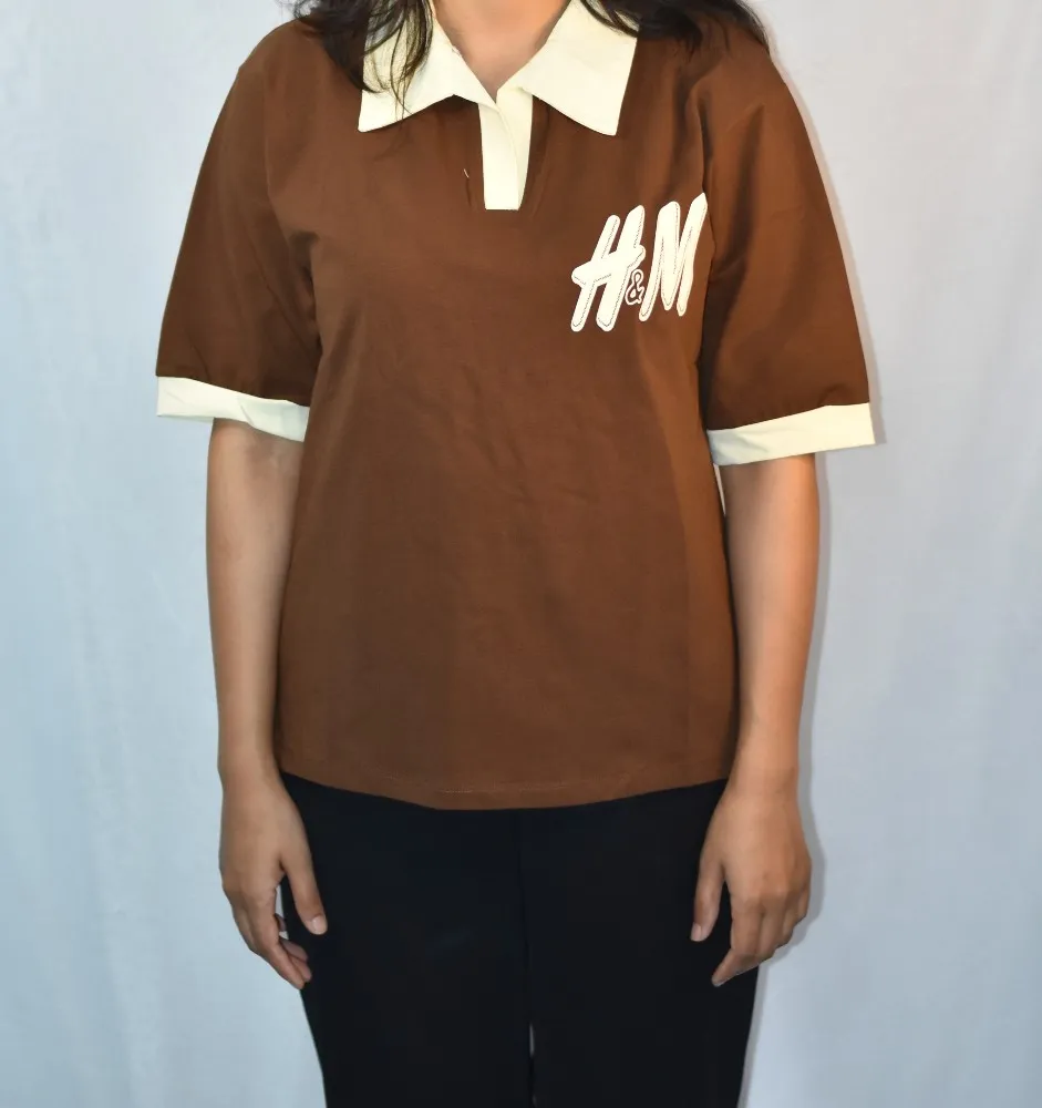 Brown with Cream Collar & Sleeve Cuffs NYVAZ Women's Brown Contrast Collar Polo T-Shirt