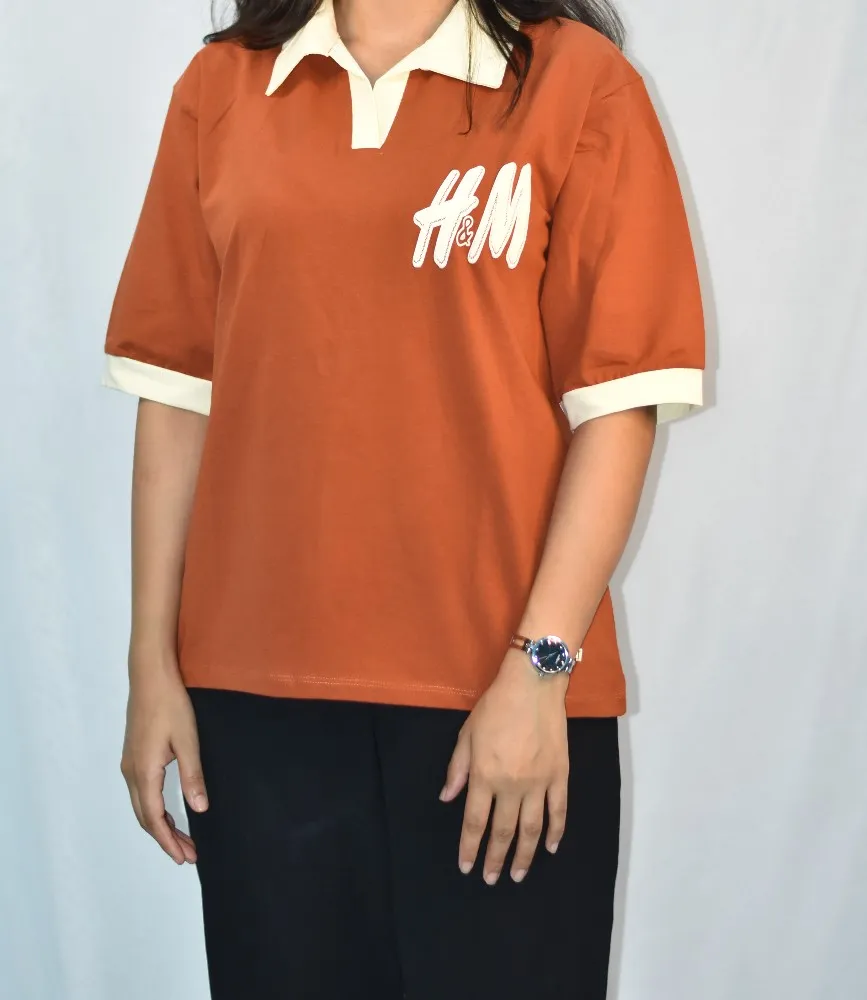 Rust Orange with Cream Collar & Sleeve Cuffs NYVAZ Women's Rust Orange Contrast Collar Polo T-Shirt