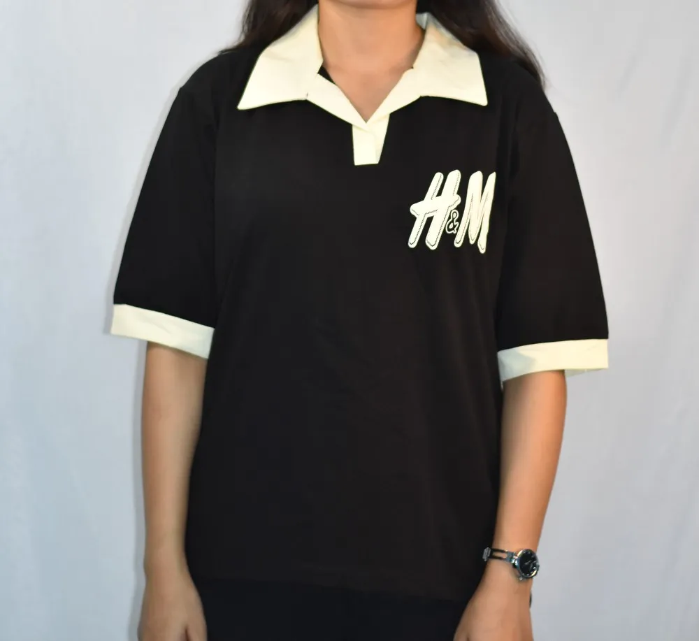 Black with Cream Collar & Sleeve Cuffs NYVAZ Women's Black Contrast Collar Polo T-Shirt