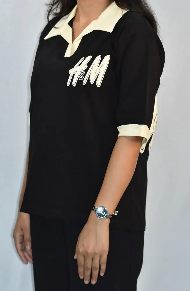 Black with Cream Collar & Sleeve Cuffs NYVAZ Women's Black Contrast Collar Polo T-Shirt