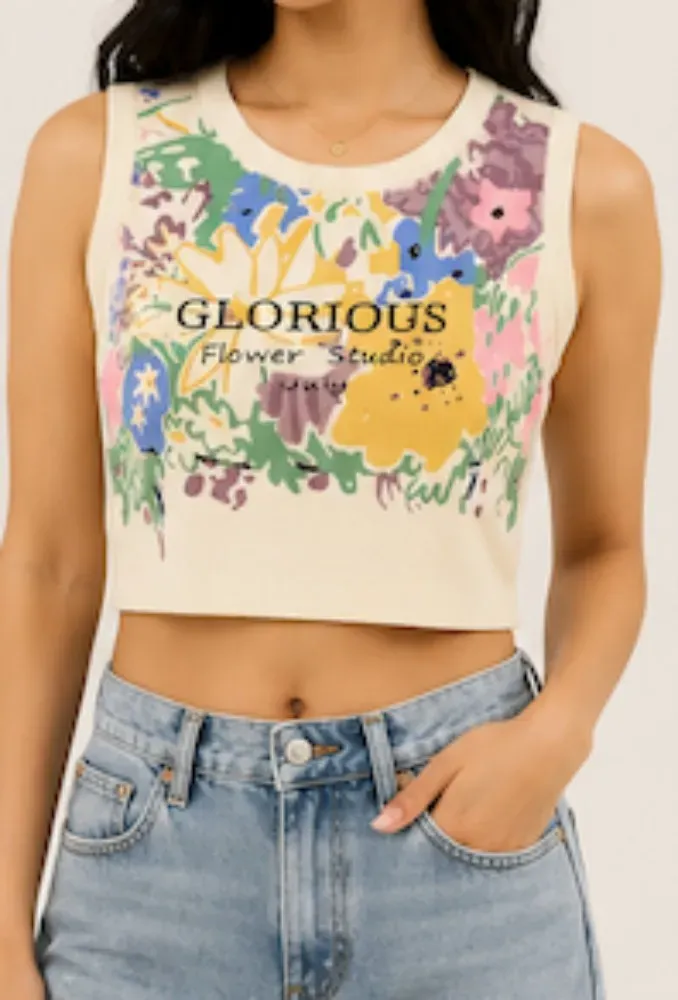 Cream with Multicolor Floral Print NYVAZ Women's Floral Graphic Sleeveless Crop Top