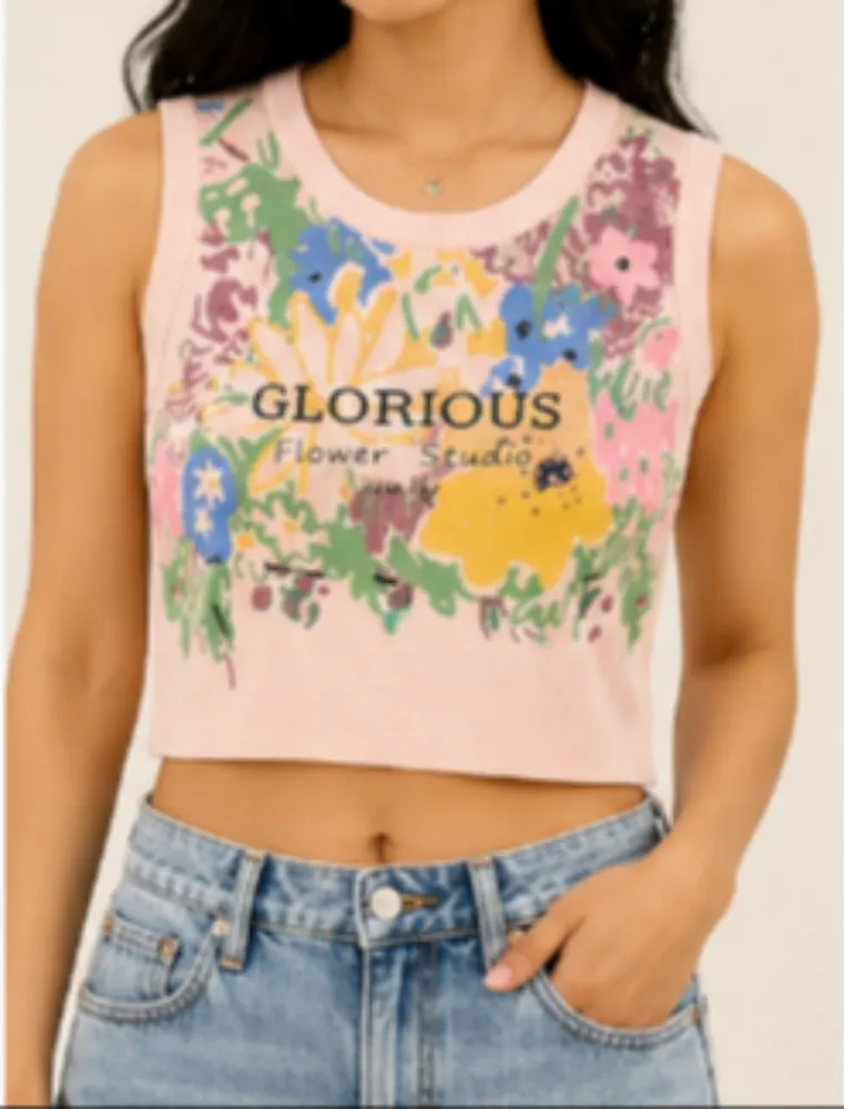 Light Pink with Multicolor Floral Print NYVAZ Women's Pink Floral Graphic Sleeveless Crop Top