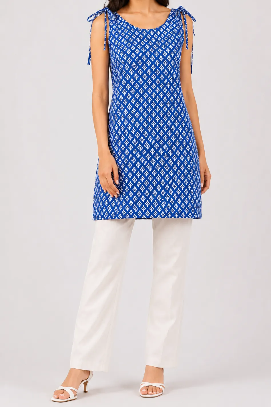 Blue & White NYVAZ Women's Blue Printed Shoulder Tie Short Kurti