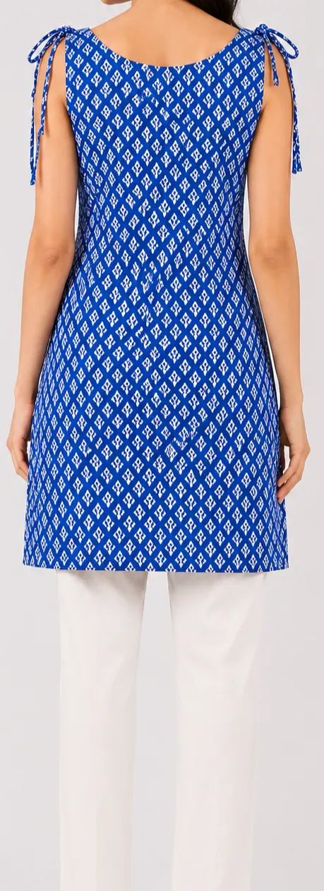 Blue & White NYVAZ Women's Blue Printed Shoulder Tie Short Kurti